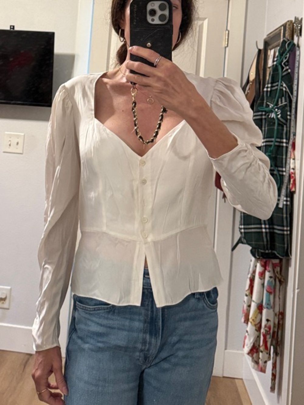 Frame Denim White Silk Sweetheart Button-Front Puff Sleeve Blouse